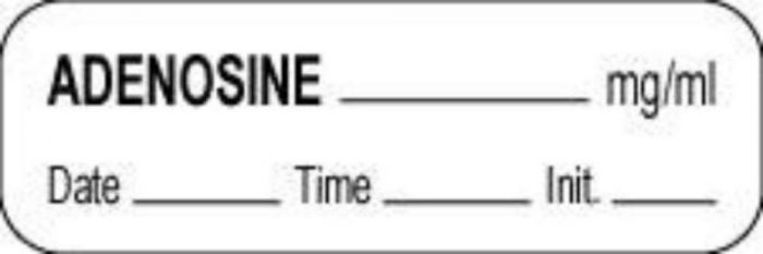 Anesthesia Label with Date, Time & Initial (Paper, Permanent) Adenosine mg/ml 1 1/2" x 1/2" White - 1000 per Roll