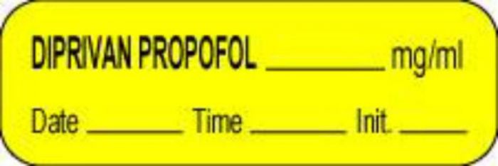 Anesthesia Label with Date, Time & Initial (Paper, Permanent) Diprivan Propofol mg/ml 1 1/2" x 1/2" Yellow - 1000 per Roll