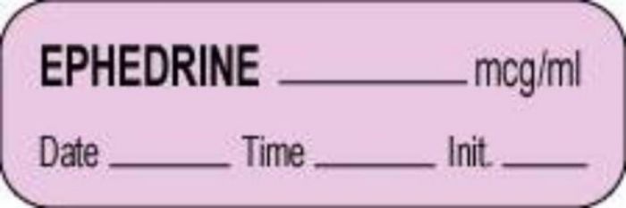 Anesthesia Label with Date, Time & Initial (Paper, Permanent) Ephedrine mcg/ml 1 1/2" x 1/2" Violet - 1000 per Roll