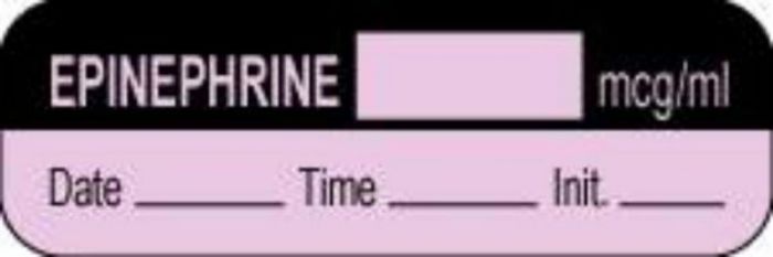 Anesthesia Label with Date, Time & Initial (Paper, Permanent) Epinephrine mcg/ml 1 1/2" x 1/2" Violet and Black - 1000 per Roll