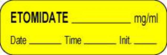 Anesthesia Label with Date, Time & Initial (Paper, Permanent) Etomidate mg/ml 1 1/2" x 1/2" Yellow - 1000 per Roll