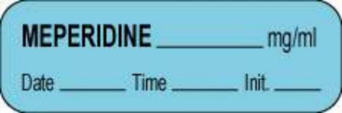 Anesthesia Label with Date, Time & Initial (Paper, Permanent) Meperidine mg/ml 1 1/2" x 1/2" Blue - 1000 per Roll