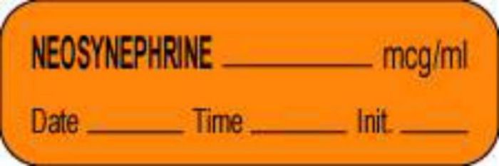 Anesthesia Label with Date, Time & Initial (Paper, Permanent) Neosynephrine mcg/ml 1 1/2" x 1/2" Orange - 1000 per Roll