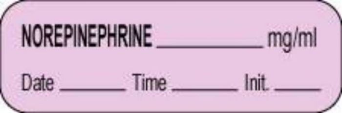 Anesthesia Label with Date, Time & Initial (Paper, Permanent) NorEpinephrine mg/ml 1 1/2" 1 1/2" x 1/2" Violet - 1000 per Roll