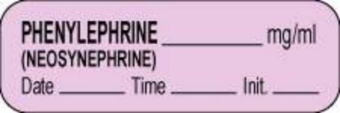 Anesthesia Label with Date, Time & Initial (Paper, Permanent) Phenylephrine mg/ml 1 1/2" x 1/2" Violet - 1000 per Roll