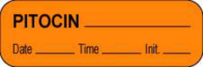 Anesthesia Label with Date, Time & Initial (Paper, Permanent) Pitocin 1 1/2" x 1/2" Orange - 1000 per Roll