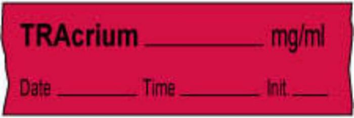 Anesthesia Tape with Date, Time & Initial | Tall-Man Lettering (Removable) Tracrium mg/ml 1/2" x 500" - 333 Imprints - Fluorescent Red - 500 Inches per Roll