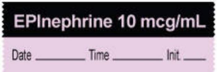 Anesthesia Tape with Date, Time & Initial | Tall-Man Lettering (Removable) "Epinephrine 10 mcg/ml" 1/2" x 500" Violet and Black - 333 Imprints - 500 Inches per Roll