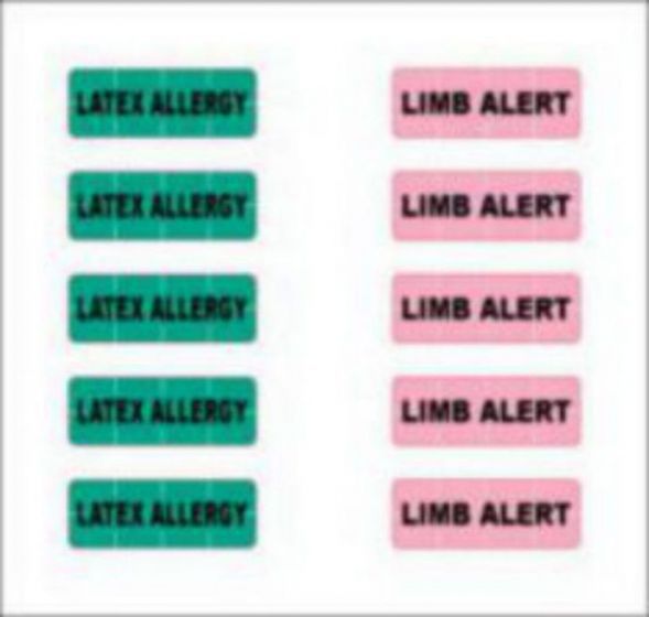 Alert Bands® Label Poly "Latex Allergy", "Limb Alert" Pre-printed, State Standardization 0.6875x1/4 Green and Pink - 200 per Package