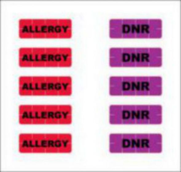 Alert Bands® Label Poly "Allergy", "DNR" Pre-printed, State Standardization 0.6875x1/4 Red and Purple - 200 per Package