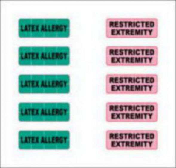 Alert Bands® Label Poly "Latex Allergy", "Restricted Extremity" Pre-printed, State Standardization 0.6875 x 1/4 Green and Pink - 200 per Package