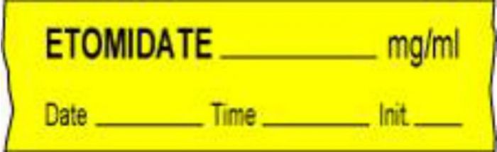 Anesthesia Tape with Date, Time & Initial (Removable) Etomidate mg/ml 1/2" x 500" - 333 Imprints - Yellow - 500 Inches per Roll