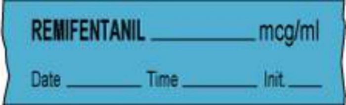 Anesthesia Tape with Date, Time & Initial (Removable) Remifentanil mcg/ml 1/2" x 500" - 333 Imprints - Blue - 500 Inches per Roll