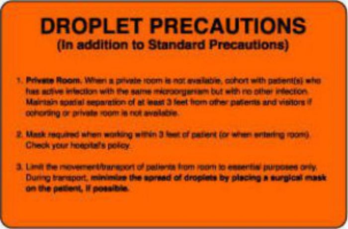 Label Paper Removable Droplet Precautions 1 1/2" Core 4" x 2 5/8", Fl. Orange, 500 per Roll