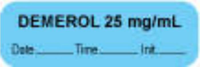 Anesthesia Label with Date, Time & Initial (Paper, Permanent) "Demerol 25 mg/ml" 1 1/2" x 1/2" Blue - 1000 per Roll