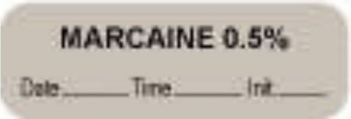 Anesthesia Label with Date, Time & Initial (Paper, Permanent) "Marcaine 0.5%" 1 1/2" x 1/2" Gray - 1000 per Roll