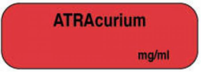 Anesthesia Label Tall-Man Lettering (Paper, Permanent) Atracurium mg/ml 1 1/2" x 1/2" Fluorescent Red - 1000 per Roll