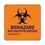 Hazard Label (Paper, Permanent) Biohazard Biologicos  3"x3 Fluorescent Orange - 500 Labels per Roll