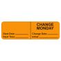 IV LABEL, WRAPAROUND, PAPER, PERMANENT, "CHANGE MONDAY", 2-7/8" X 7/8", FL. ORANGE