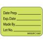 Label Paper Removable Date Prep. Exp. Date, 1" Core, 1 7/16" x 1", Fl. Green, 666 per Roll