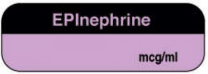 Anesthesia Label Tall-Man Lettering (Paper, Permanent) Epinephrine mcg/ml 1 1/2" x 1/2" Violet and Black - 1000 per Roll