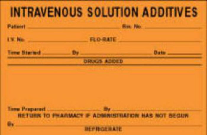 Label Paper Permanent Intravenous Solution, 4" x 2 5/8", Fl. Orange, 500 per Roll