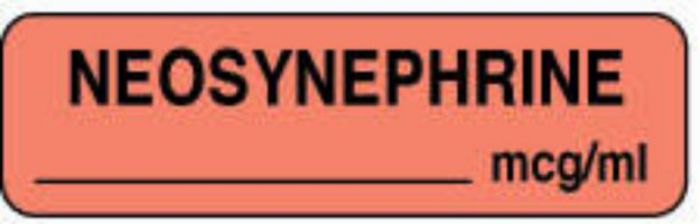 Anesthesia Label (Paper, Permanent) Neosynephrine mcg/ml 1 1/4" x 3/8" Fluorescent Orange - 1000 per Roll