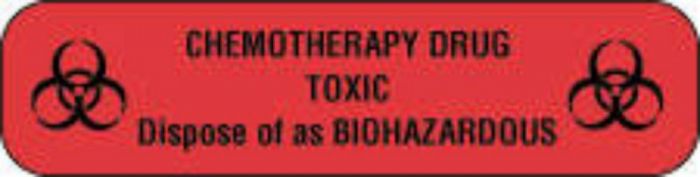 Communication Label (Paper, Permanent) Chemotherapy Drug 2" x 1/2" Fluorescent Red - 1000 per Roll