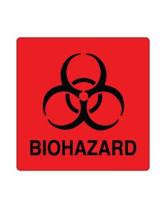 Hazard Label (Paper, Permanent) Biohazard  6"x6 Fluorescent Red - 50 Labels per Package