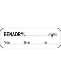 Anesthesia Label with Date, Time & Initial (Paper, Permanent) Benadryl mg/ml 1 1/2" x 1/2" White - 1000 per Roll