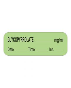 Anesthesia Label with Date, Time & Initial (Paper, Permanent) Glycopyrrolate mg/ml 1 1/2" x 1/2" Green - 1000 per Roll