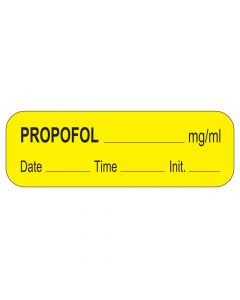 Anesthesia Label with Date, Time & Initial (Paper, Permanent) Propofol mg/ml 1 1/2" x 1/2" Yellow - 1000 per Roll