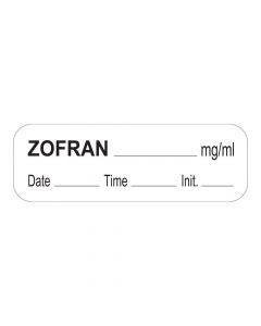 Anesthesia Label with Date, Time & Initial (Paper, Permanent) Zofran mg/ml 1 1/2" x 1/2" White - 1000 per Roll