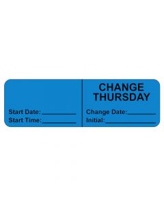 IV Label, Wraparound, Paper, Permanent, "Change Thursday", 2-7/8"x7/8", Blue, 1000 per Roll 