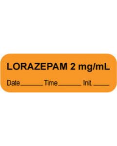 Anesthesia Label with Date, Time & Initial (Paper, Permanent) "Lorazepam 2 mg/ml" 1 1/2" x 1/2" Orange - 1000 per Roll