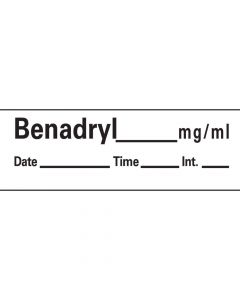 Anesthesia Tape with Date, Time & Initial (Removable) Benadryl mg/ml 1/2" x 500" - 333 Imprints - White - 500 Inches per Roll