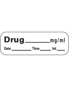 Anesthesia Label with Date, Time & Initial (Paper, Permanent) Drug mg/ml 1 1/2" x 1/2" White - 600 per Roll