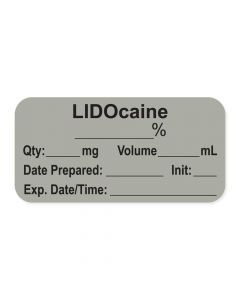 Anesthesia Label, with Expiration Date, Time & Initial (Paper, Permanent) "Lidocaine %" 1-1/2" x 3/4", Gray - 500 per Roll