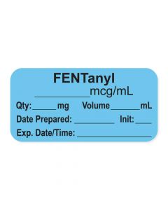 Anesthesia Label, with Expiration Date, Time & Initial (Paper, Permanent) "Fentanyl mcg/ml" 1-1/2" x 3/4" Blue - 500 per Roll