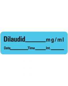 Anesthesia Label with Date, Time & Initial (Paper, Permanent) Dilaudid mg/ml 1 1/2" x 1/2" Blue - 600 per Roll