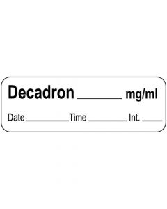 Anesthesia Label with Date, Time & Initial (Paper, Permanent) Decadron mg/ml 1 1/2" x 1/2" White - 600 per Roll