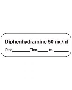 Anesthesia Label with Date, Time & Initial (Paper, Permanent) Diphenhydramine 50 1 1/2" x 1/2" White - 600 per Roll