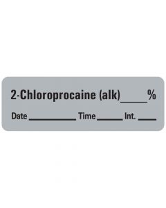 Anesthesia Label with Date, Time & Initial (Paper, Permanent) 2-Chloroprocaine 1 1/2" x 1/2" Gray - 600 per Roll