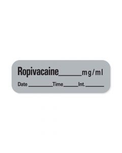 Anesthesia Label with Date, Time & Initial (Paper, Permanent) Ropivacaine mg/ml 1 1/2" x 1/2" Gray - 600 per Roll