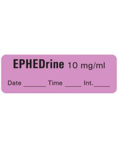 Anesthesia Label with Date, Time & Initial (Paper, Permanent) Ephedrine 10 mg/ml 1 1 1/2" x 1/2" Violet - 600 per Roll