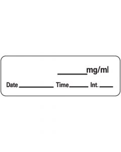 Anesthesia Label with Date, Time & Initial (Paper, Permanent) mg/ml Date Time 1 1/2" x 1/2" White - 600 per Roll